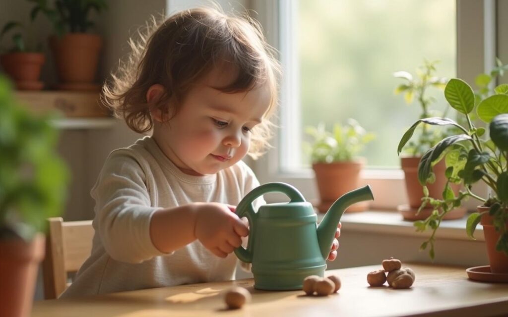 Un enfant de 18 mois arrose une plante avec un arrosoir dans une maison.