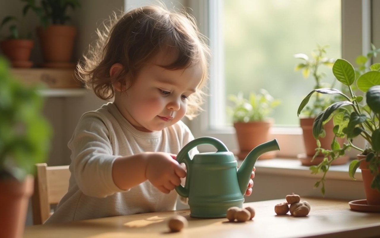 Un enfant de 18 mois arrose une plante avec un arrosoir dans une maison.