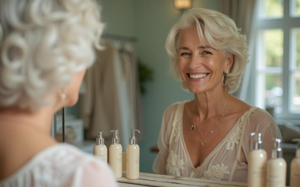 Femme d'âge mûr avec des cheveux blancs, souriante devant un miroir, symbolisant l'acceptation de soi.
