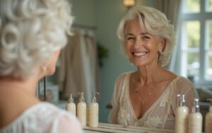 Femme d'âge mûr avec des cheveux blancs, souriante devant un miroir, symbolisant l'acceptation de soi.