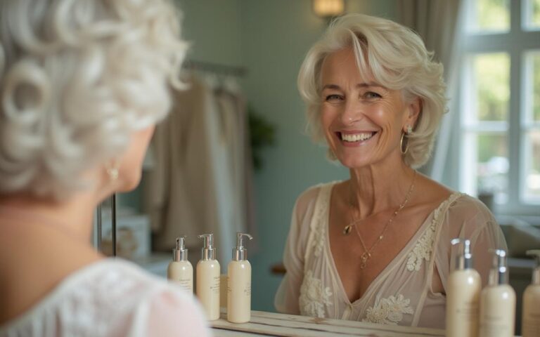 Femme d'âge mûr avec des cheveux blancs, souriante devant un miroir, symbolisant l'acceptation de soi.