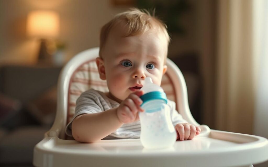 Bébé curieux face à un biberon dans une ambiance sereine.