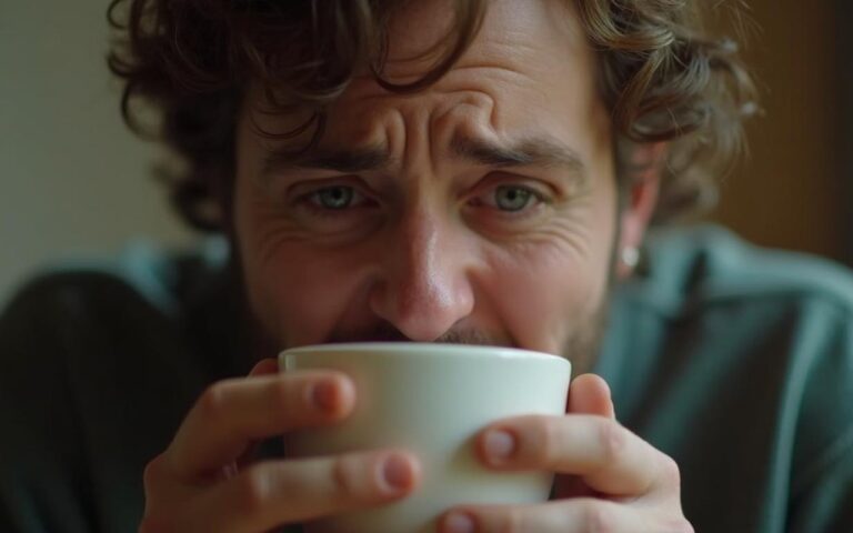 Personne ressentant une brûlure au palais après avoir bu un café chaud.