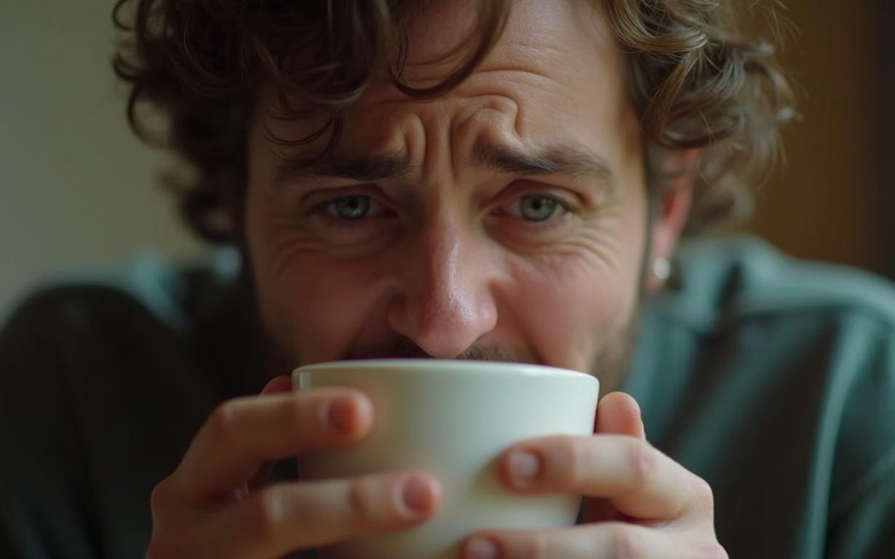 Personne ressentant une brûlure au palais après avoir bu un café chaud.