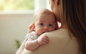 Un parent soulage le hoquet de son bébé en le tenant contre son épaule.