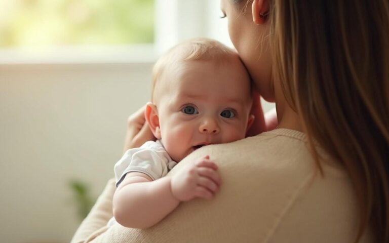 Un parent soulage le hoquet de son bébé en le tenant contre son épaule.