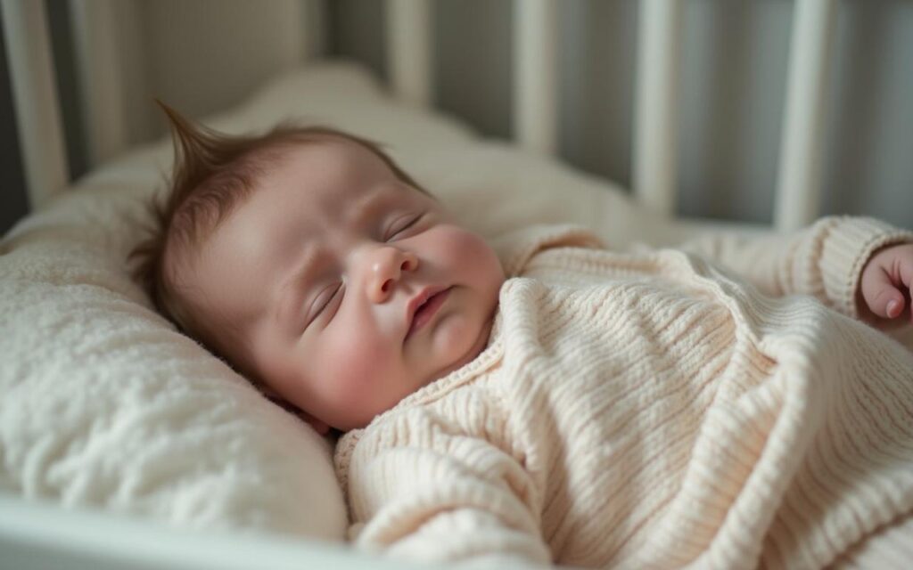 Bébé endormi dans un lit, habillé pour une température de 18-20°C.