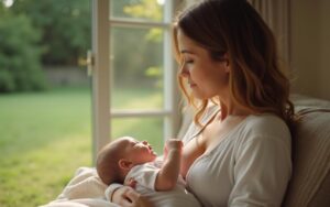Mère allaitant son bébé dans un environnement calme et naturel.
