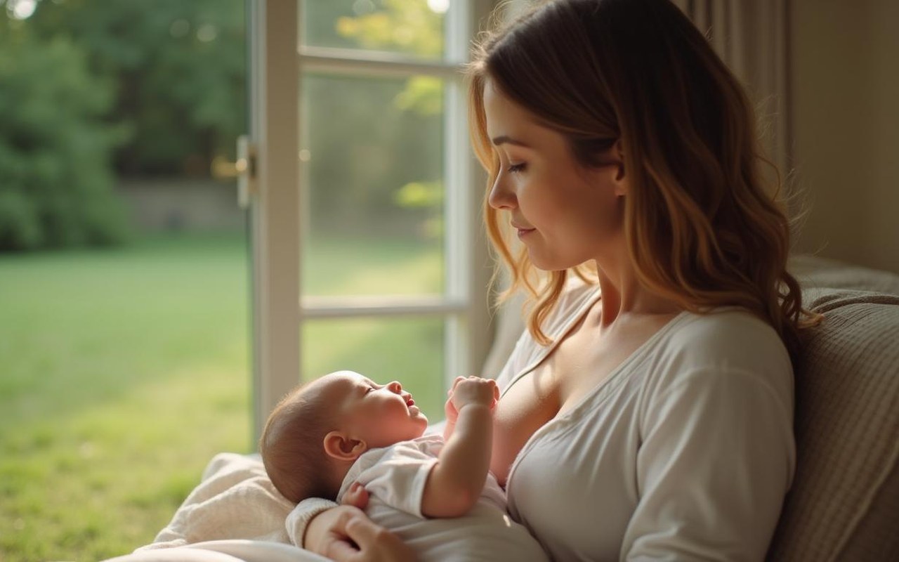Mère allaitant son bébé dans un environnement calme et naturel.