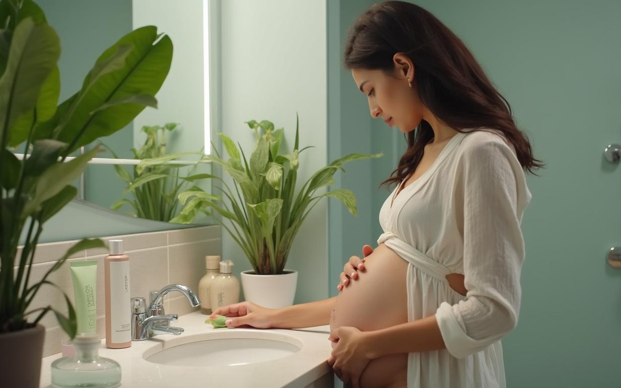 Femme enceinte vérifiant les étiquettes de cosmétiques dans une salle de bain.