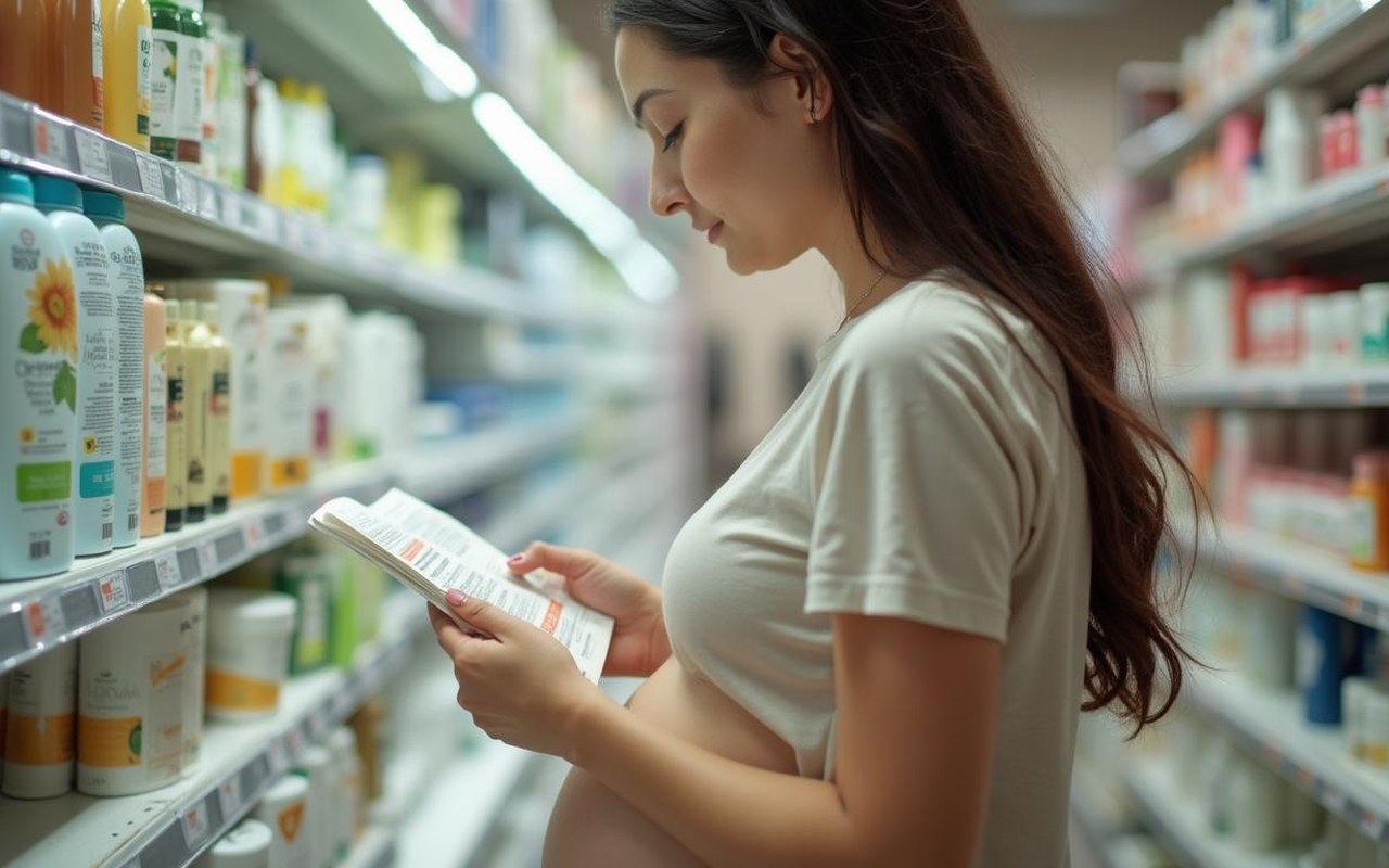Femme enceinte lisant des étiquettes de cosmétiques pour éviter les ingrédients nocifs.