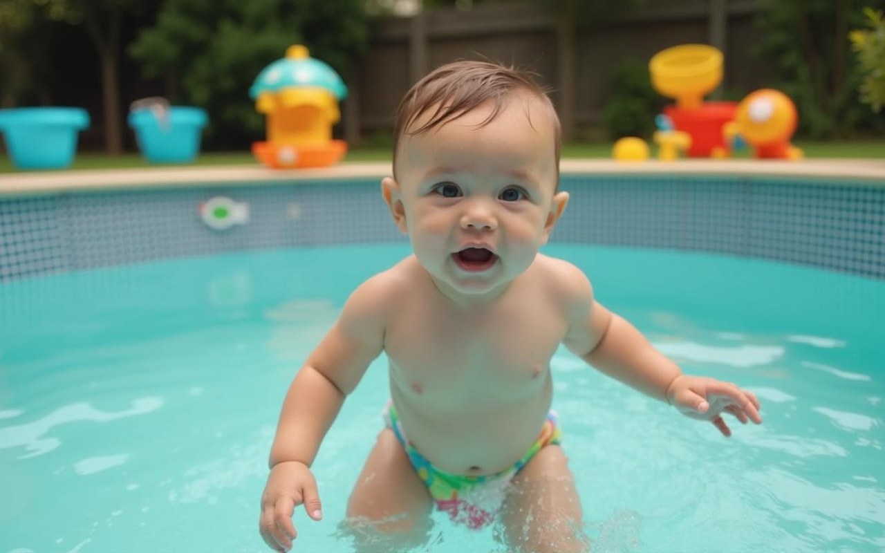 Bébé jouant dans une piscine avec une couche pour aller dans l'eau et des jouets aquatiques.