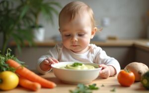 Bébé découvrant une purée de légumes avec des légumes frais autour.