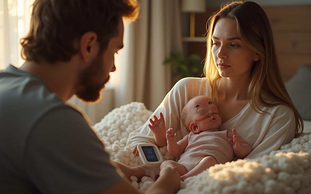 Un parent prenant la température de son bébé à la maison, illustrant l'inquiétude face à la fièvre.