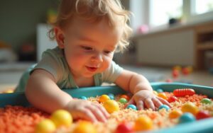 Bébé de 1 an explorant un bac sensoriel avec des textures variées.