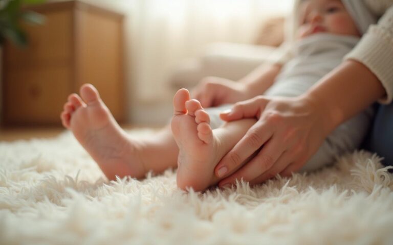 Un parent massant les pieds d'un bébé, illustrant le lien affectif et le bien-être.