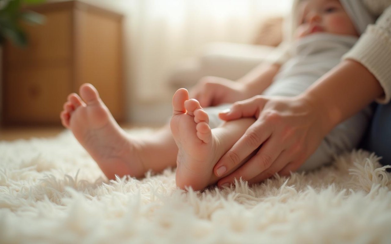 Un parent massant les pieds d'un bébé, illustrant le lien affectif et le bien-être.