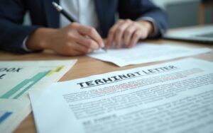 Lettre de rupture de contrat avec documents administratifs sur un bureau.
