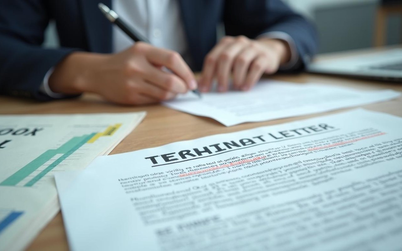 Lettre de rupture de contrat avec documents administratifs sur un bureau.