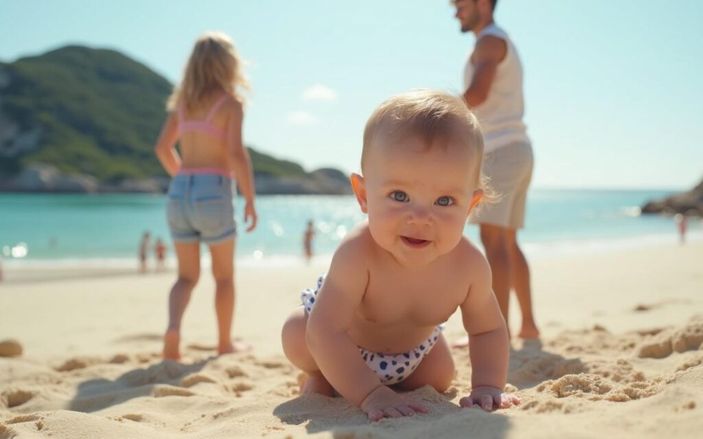 Famille avec un bébé de 3 mois sur une plage sécurisée en France, ambiance paisible et familiale.