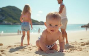 Famille avec un bébé de 3 mois sur une plage sécurisée en France, ambiance paisible et familiale.