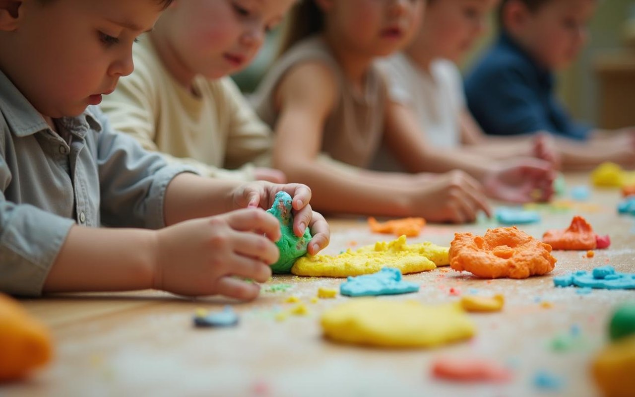 Enfants s'amusant avec de la pâte à modeler comestible colorée sur une table.