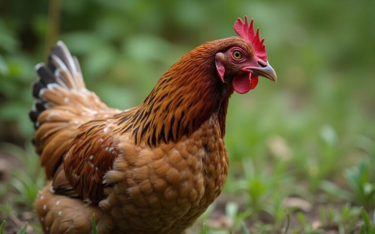 Poule en mue avec plumage ébouriffé dans un jardin naturel.