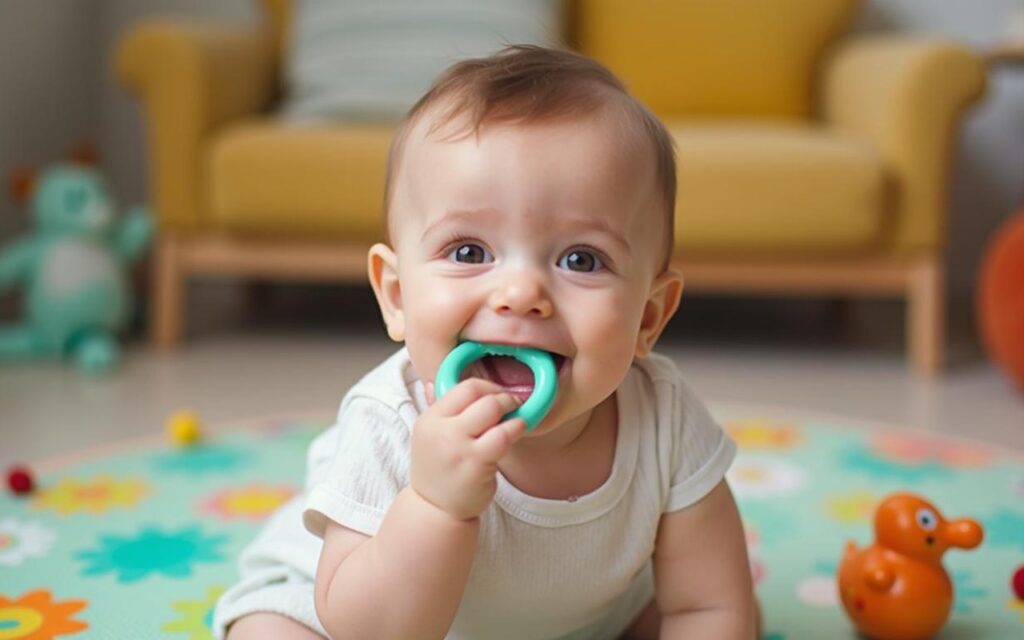 Bébé avec un anneau de dentition réfrigéré, jouant sur un tapis coloré.