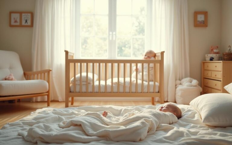 Chambre de bébé avec lit à barreaux et équipements de sommeil essentiels.