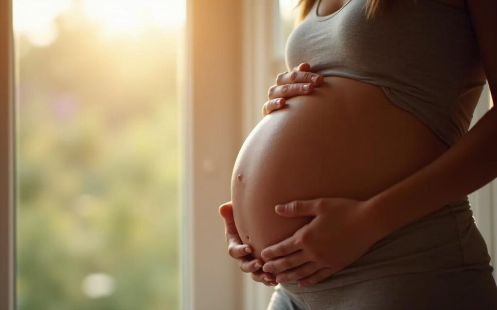 Femme enceinte touchant son ventre, symbole de connexion avec le bébé