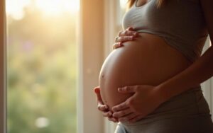 Femme enceinte touchant son ventre, symbole de connexion avec le bébé