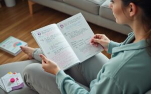 Femme examinant son calendrier menstruel et ses options de contraception.
