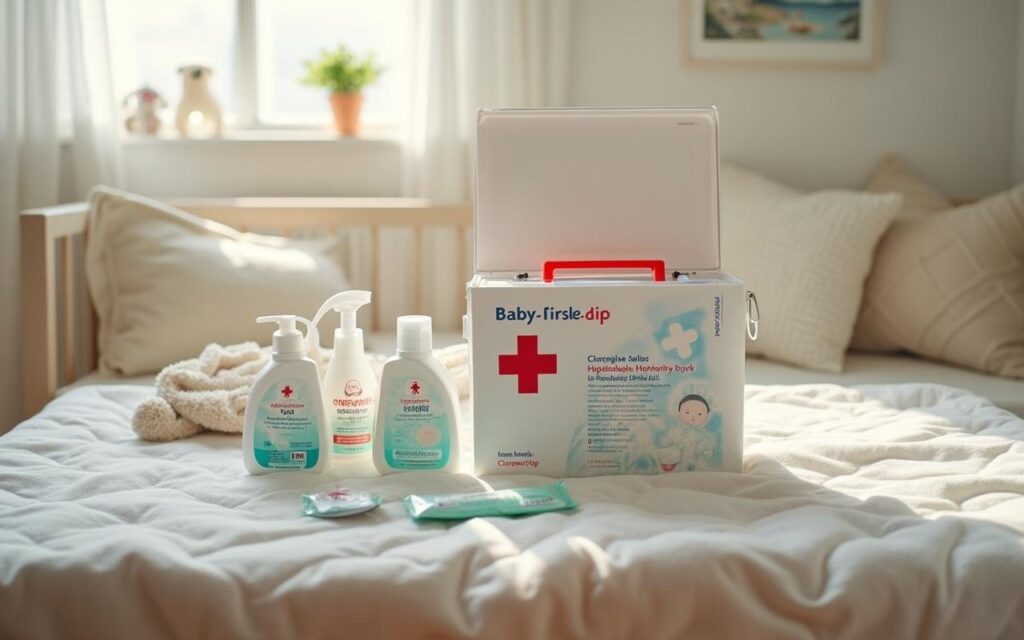Trousse de secours pour bébé avec pansements et désinfectants sur une table à langer.