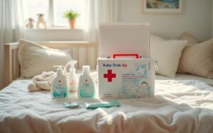 Trousse de secours pour bébé avec pansements et désinfectants sur une table à langer.