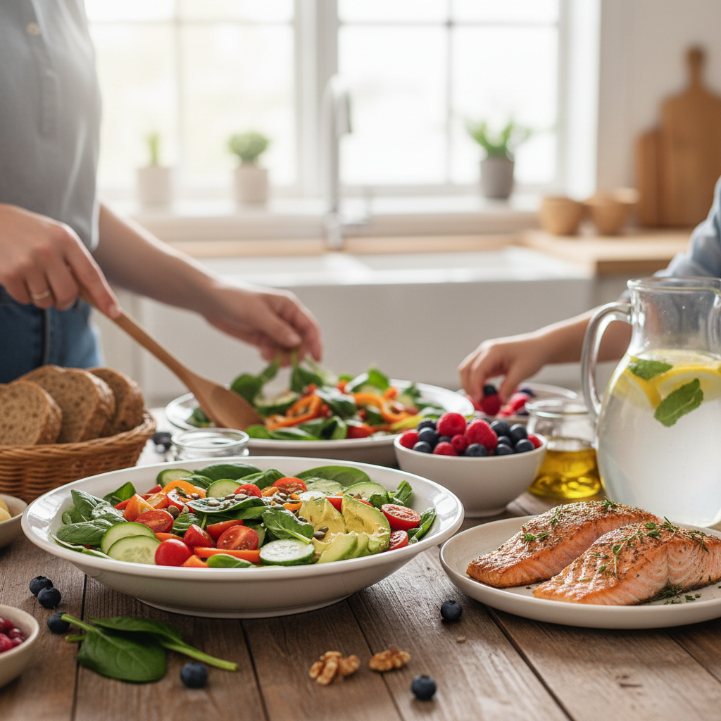 Illustration réaliste sur Alimentation anti-inflammatoire : des choix simples pour le bien-être familial