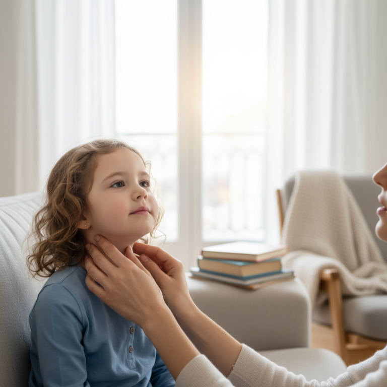 Illustration réaliste sur Ganglion au cou chez l'enfant : quand faut-il s'inquiéter ?