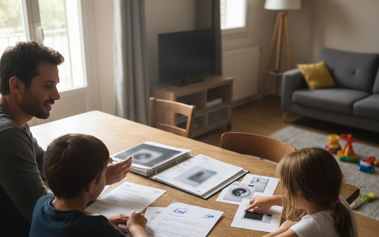 Une famille examinant des appareils électroménagers avec des documents administratifs sur la table.