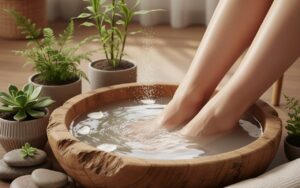 Bain de pieds relaxant avec bicarbonate de soude et éléments naturels