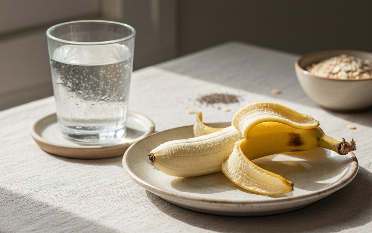 Banane mûre et verre d'eau pour soulager les troubles digestifs.