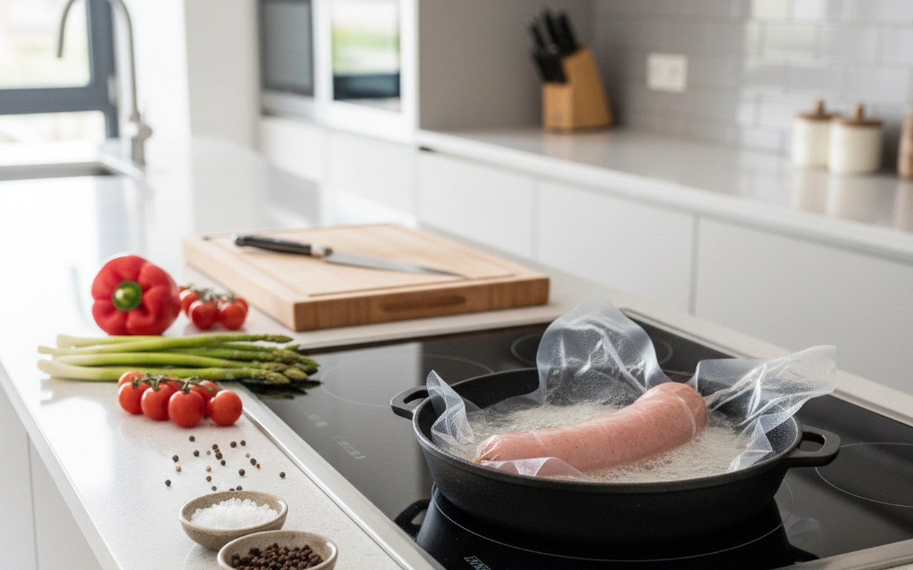 Préparation sécurisée du cervelas enceinte dans une cuisine moderne.