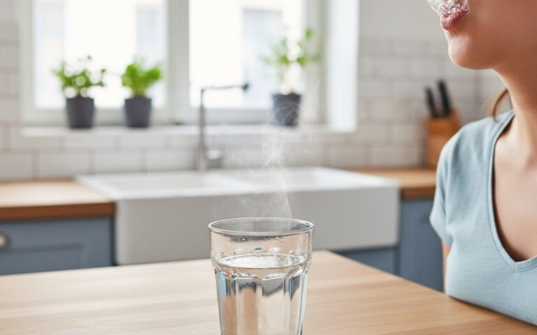 Personne se gargarise avec une solution saline dans une cuisine lumineuse.