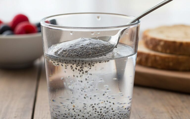 Graines de chia absorbant de l'eau pour améliorer le transit intestinal.
