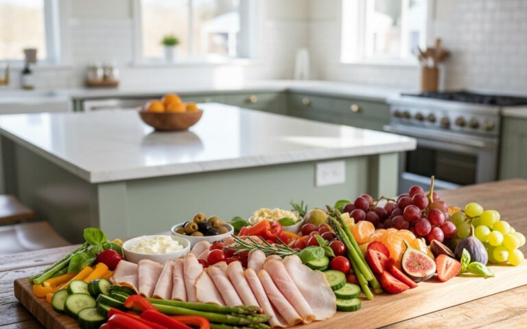 Planche de charcuterie avec jambon blanc cuit, légumes frais et fruits dans une cuisine lumineuse.