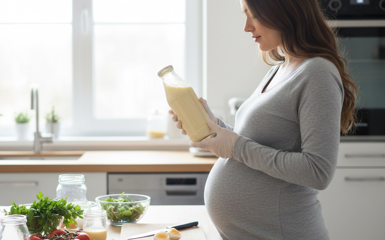 Femme enceinte examinant de la mayonnaise industrielle dans une cuisine moderne.