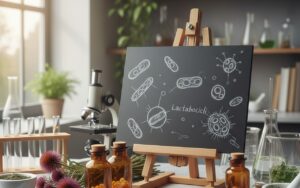 Scène de laboratoire illustrant des probiotiques pour la flore intime avec des ingrédients naturels.