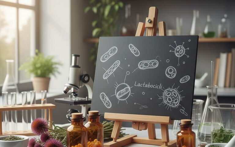 Scène de laboratoire illustrant des probiotiques pour la flore intime avec des ingrédients naturels.