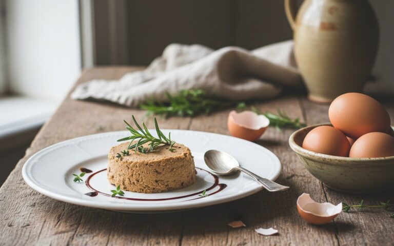 Assiette de mousse de canard artisanale avec œufs crus, mettant en avant les risques alimentaires.