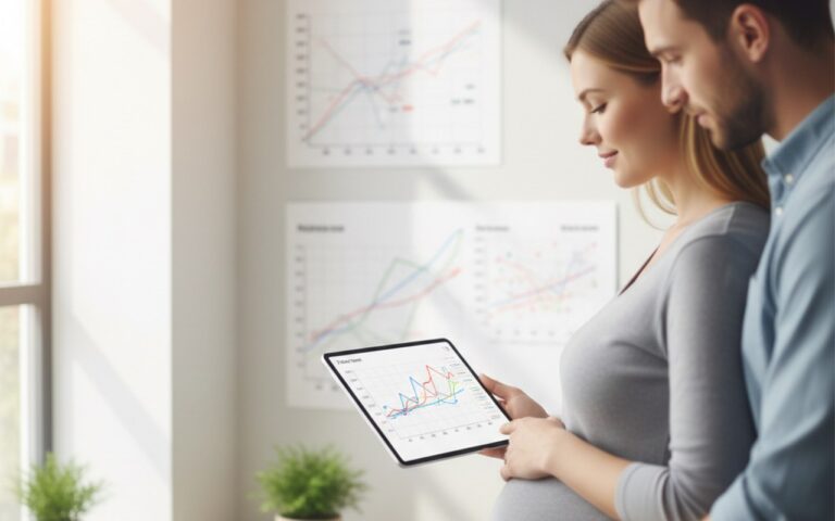 Couple de futurs parents examinant un tableau de poids fœtal sur une tablette.