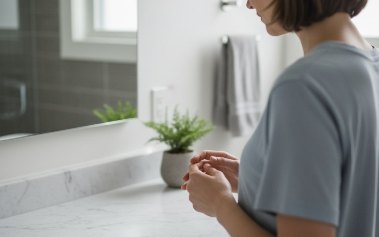 Femme dans une salle de bain regardant un test de grossesse avec espoir et anxiété.