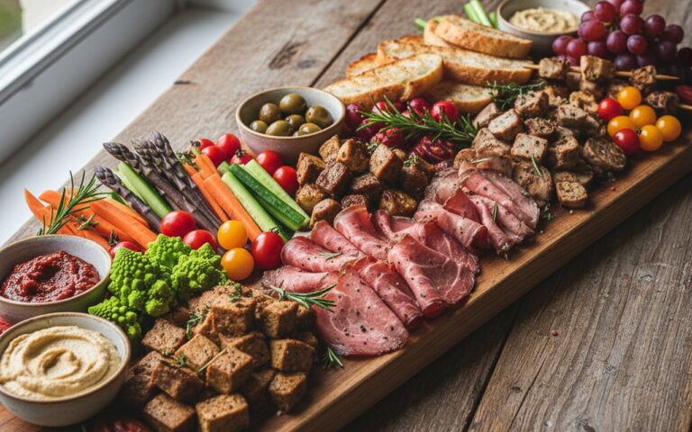 Planche de charcuterie avec viande de grison et alternatives cuites, idéale pour femmes enceintes.